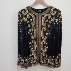 Vintage Tan-Chho Black and Gold Scroll Beaded Sequin 100% Silk Jacket, Size L